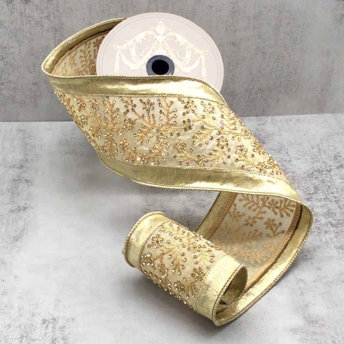 Gold Crystal Branch Trim Metallic Dupion Ribbon 4" x 5 Yds