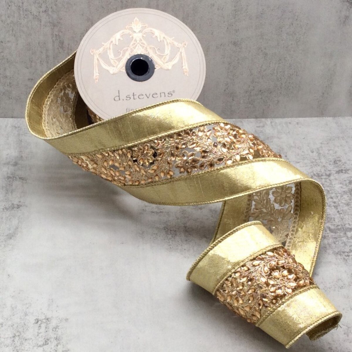 Gold Floral Leaf Trim Metallic Dupion Ribbon 4" x 5 Yds
