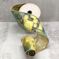 Blue Green Burnt Out Velvet Gold Glitter Ribbon 4