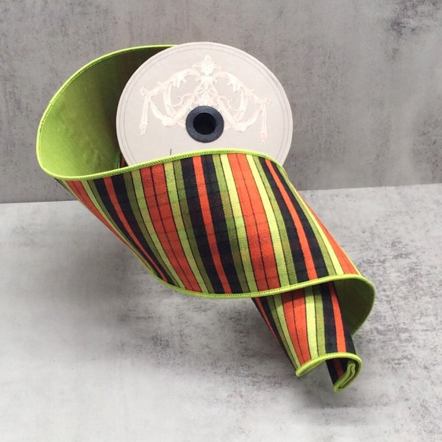 Poplin Ribbon Solar Flare Stripe Orange Black Green 4" x 10 Yds