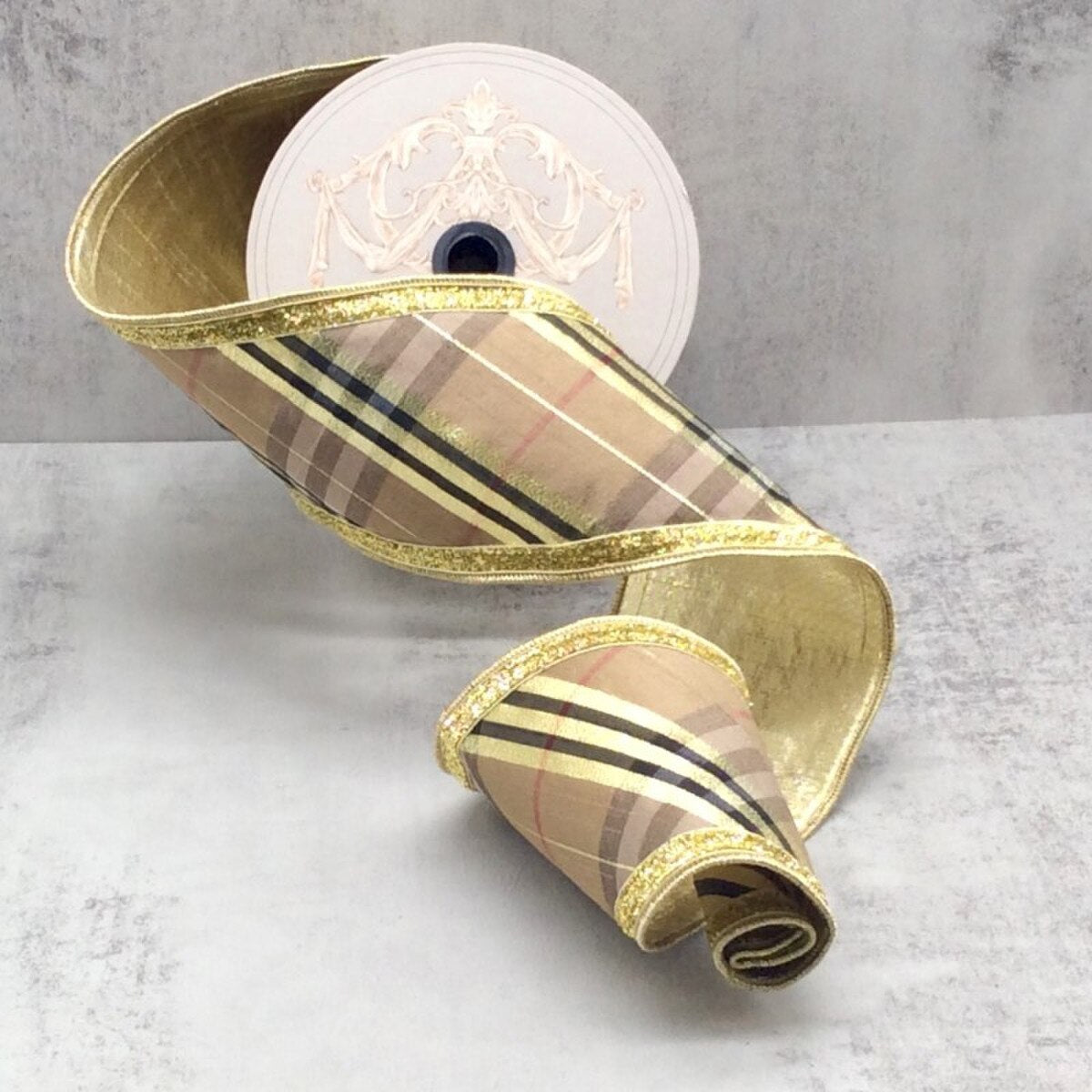 Dupion Ribbon Brown Gold Black Diagonal Stripe Plaid 4" x 10 Yds