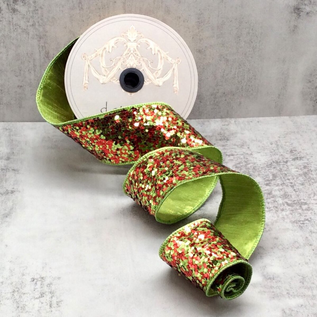 Glitter Ribbon Red Lime Green 2.5 Inch x 10 Yards