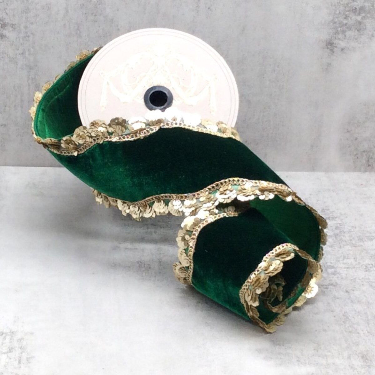Green Velvet Gold Sequin Wave Side Trim Ribbon 4" x 5 Yds
