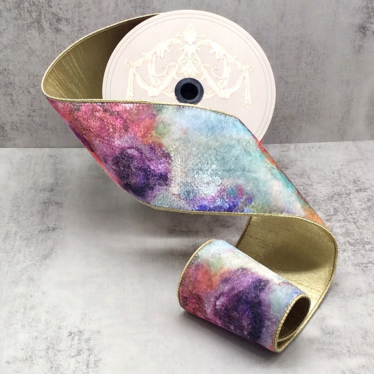 Velvet Ribbon Multicolor Watercolor Pink Purple Celadon 4" x 10 Yds