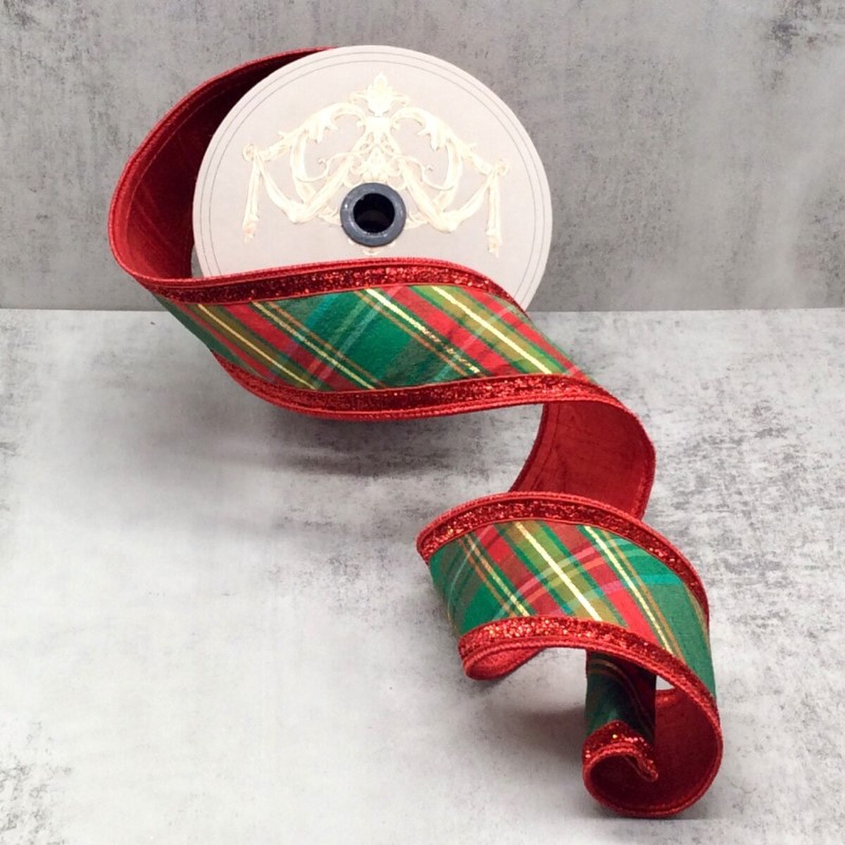 Dupion Ribbon Red Green Gold Diagonal Plaid 2.5" x 10 Yds