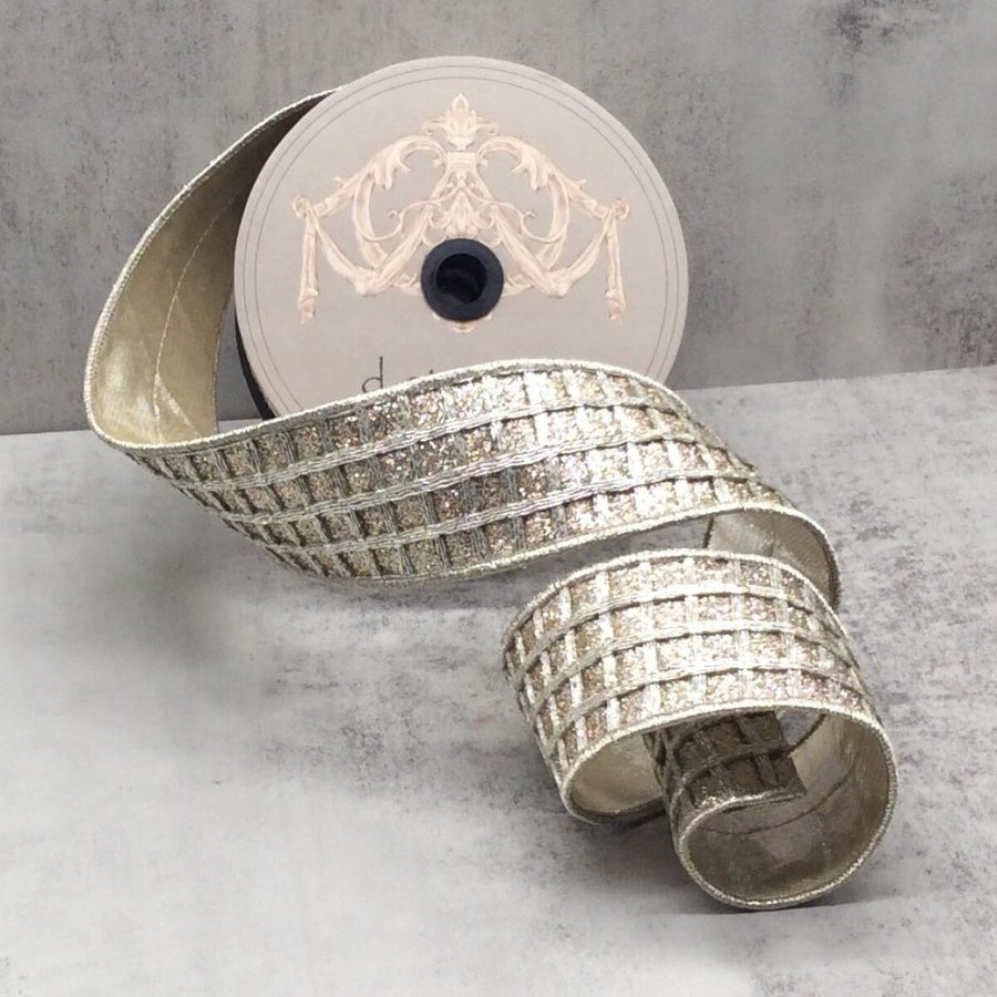 Platinum Glitter Metallic Window Pane Ribbon 2.5" x 10 Yds