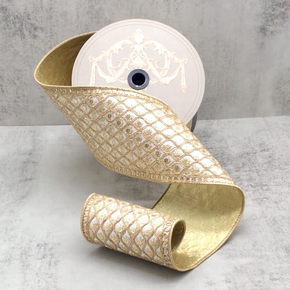 Gold Sequin Bullion Trim Winter White Ribbon 4.5" x 10 Yds