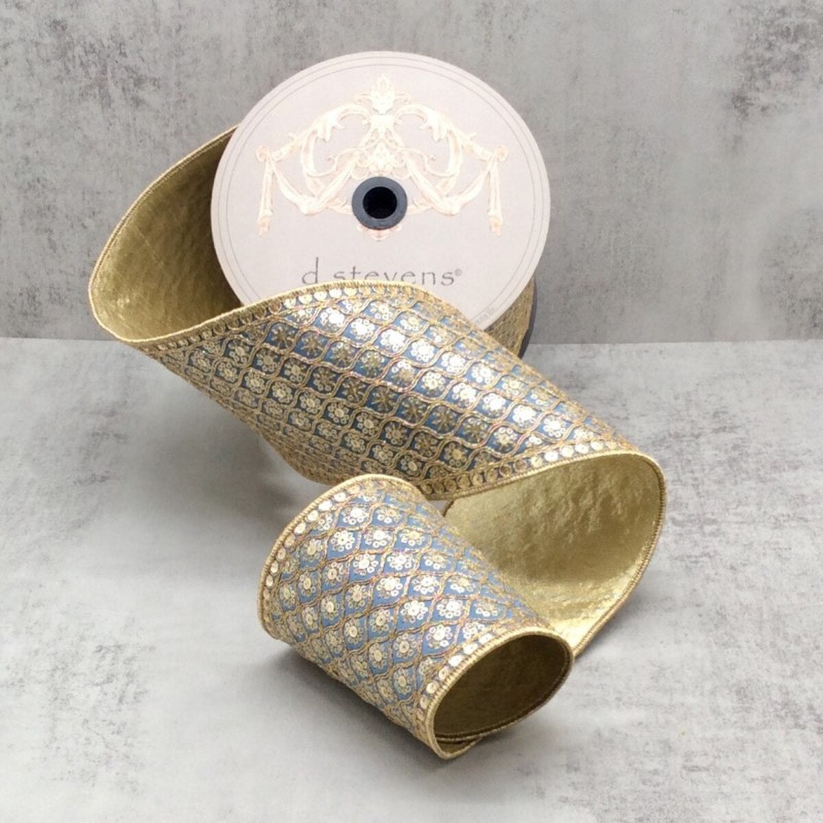 Dusty Blue Ribbon Dupion Bourges Gold Sequin Trim 4.5" x 10 Yds