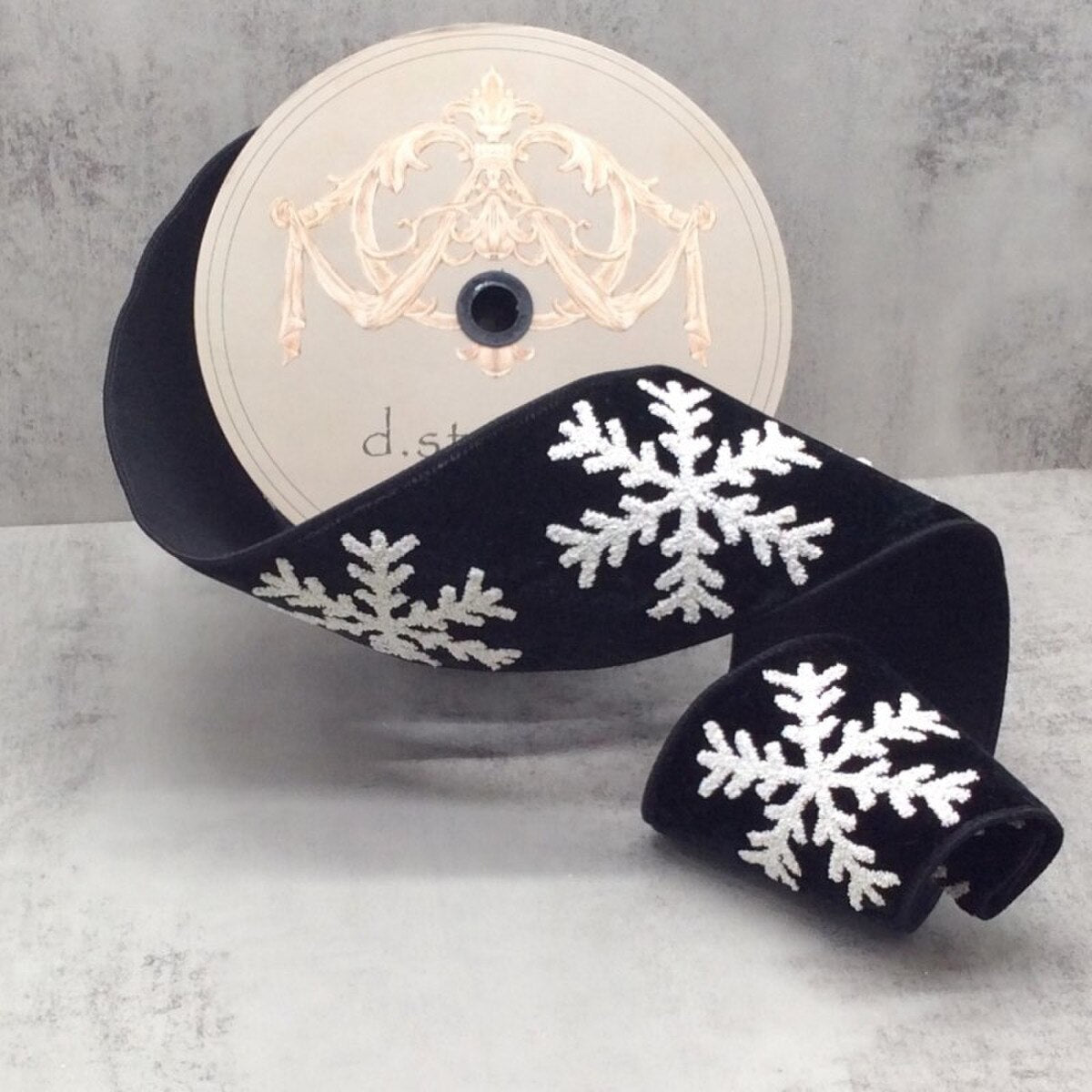 Snowflake Black Ribbon Velvet White Matte Glitter 4" x 10 Yds