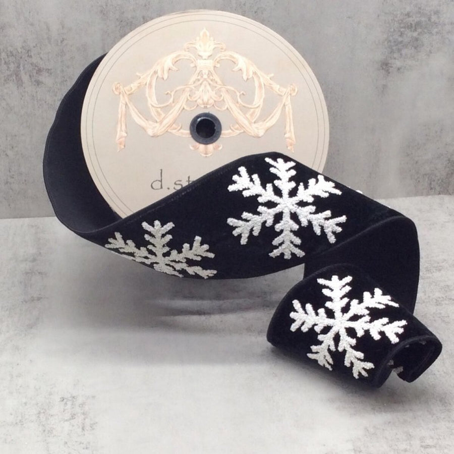 Snowflake Black Ribbon Velvet White Matte Glitter 4" x 10 Yds