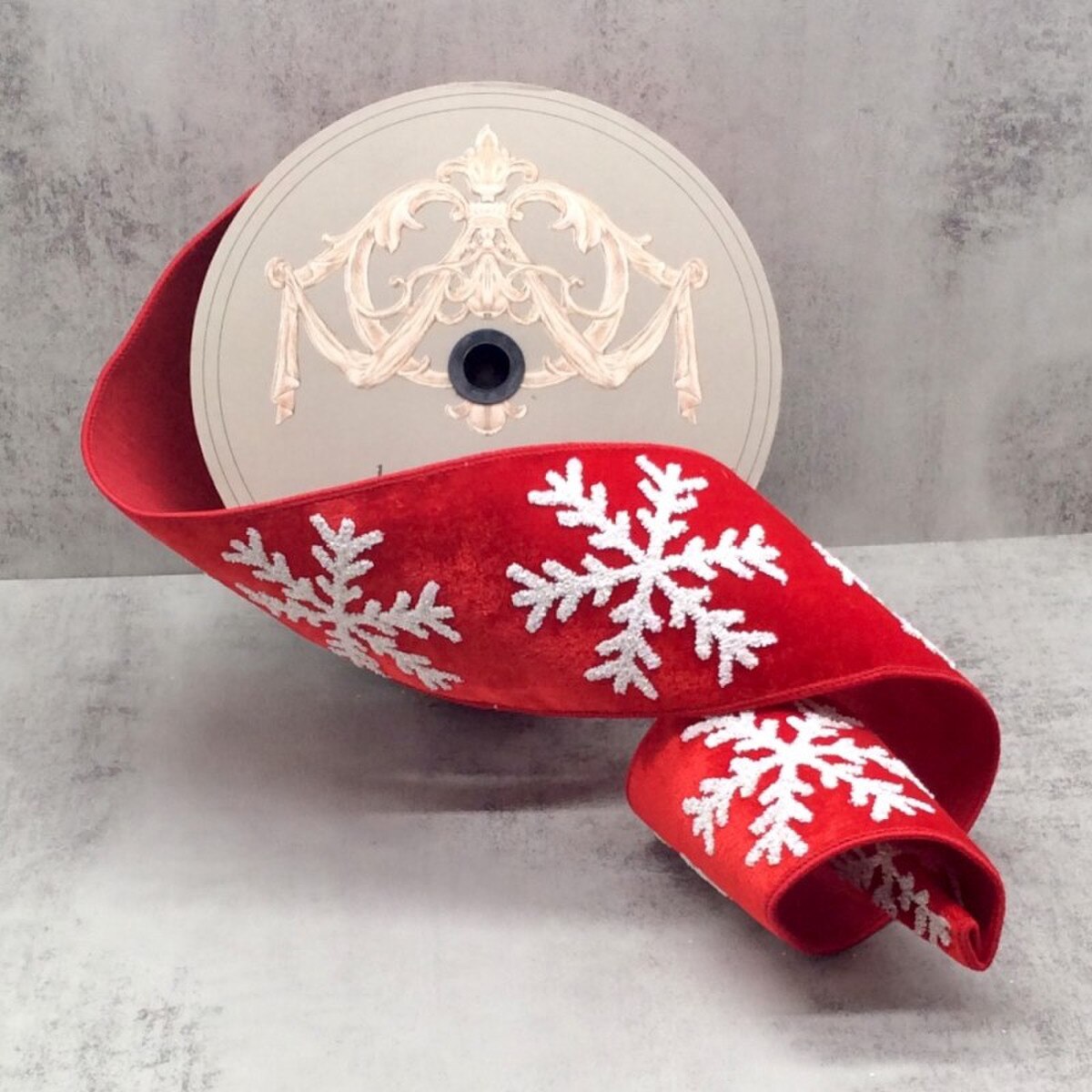 Snowflake Red Ribbon Velvet White Matte Glitter 4 Inch x 10 Yds