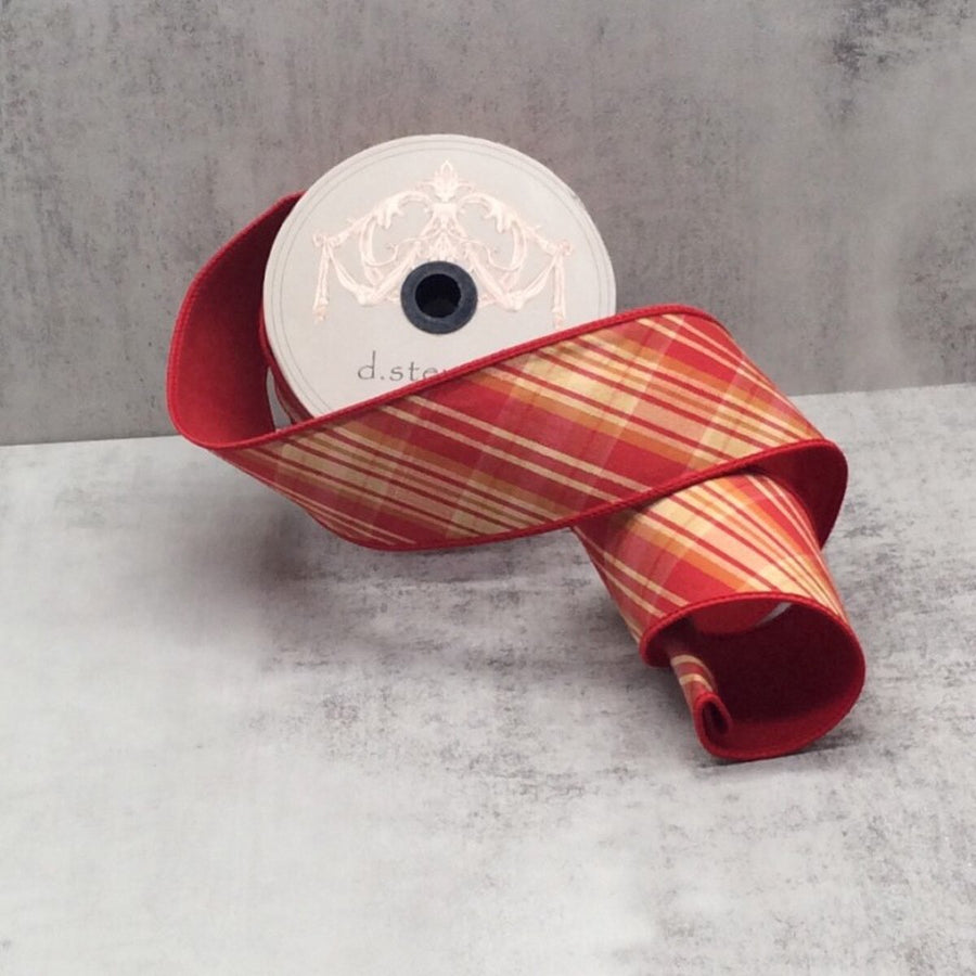 Plaid Ribbon Dupion Braeburn Cranberry Tan Orange 2.5" x 10 Yds