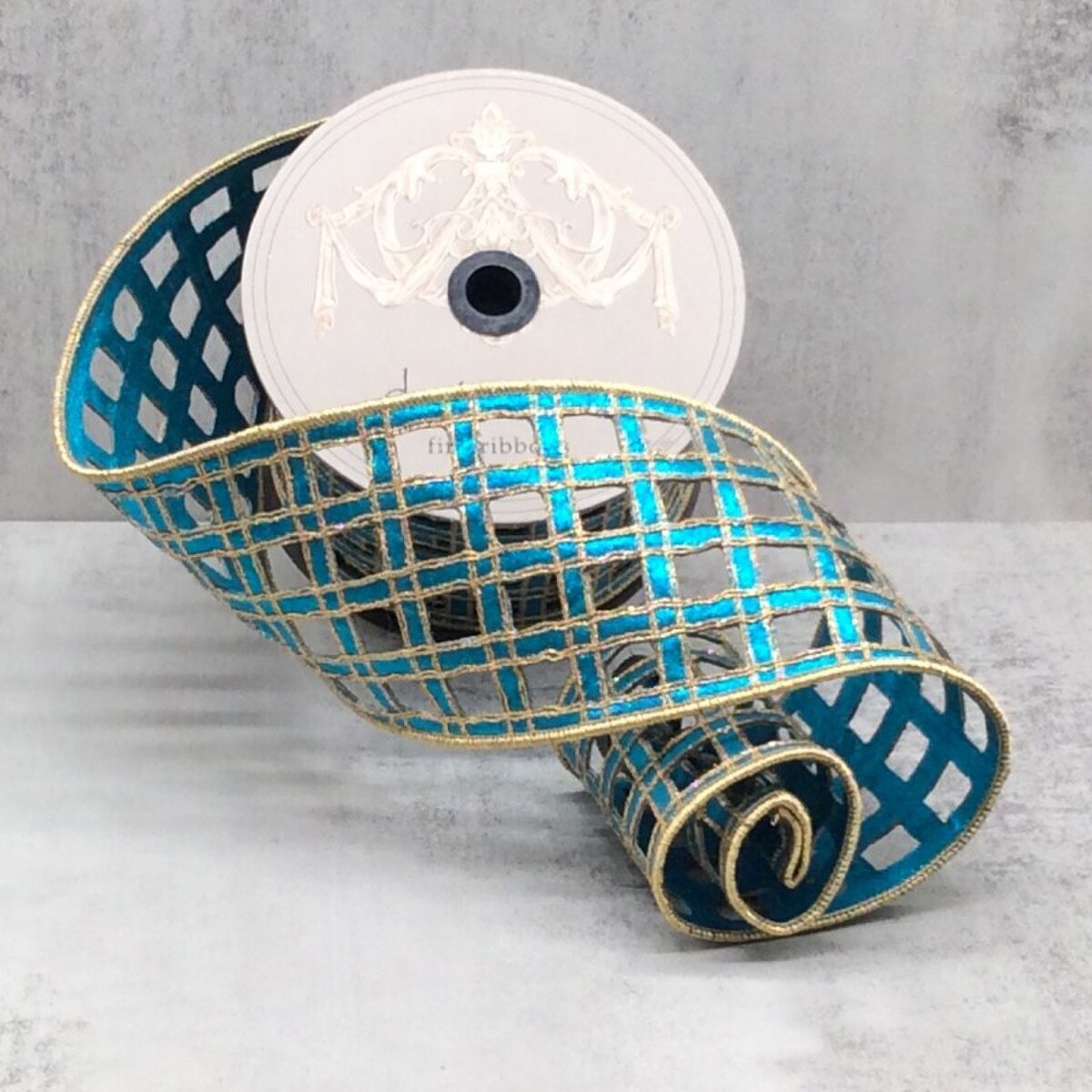 Teal Metallic Dupion Clairvaux Window Pane Ribbon 4" x 10 Yds