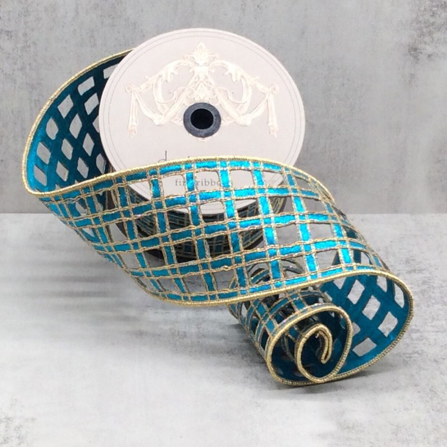 Teal Metallic Dupion Clairvaux Window Pane Ribbon 4" x 10 Yds