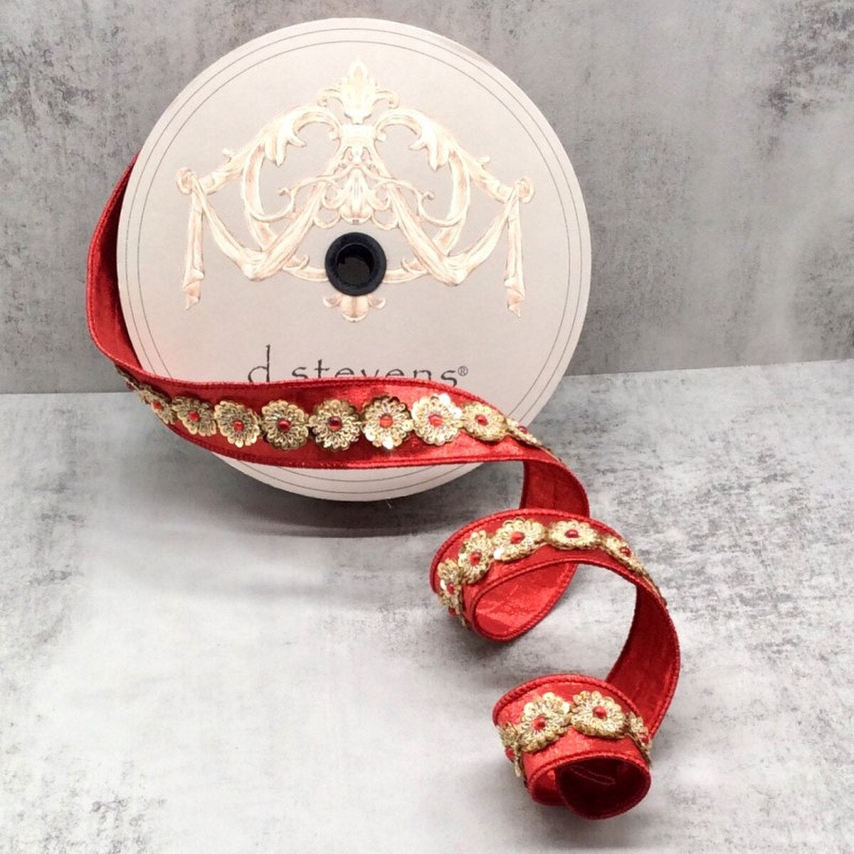 Red Ribbon Metallic Dupion Gold Sequin Trim 1.5" x 10 Yds