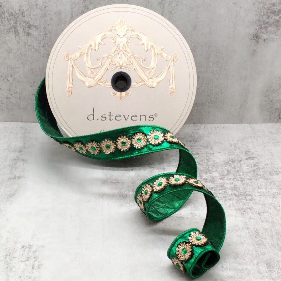 Emerald Green Ribbon with Gold Green Sequin Trim 1.5" x 10 Yds