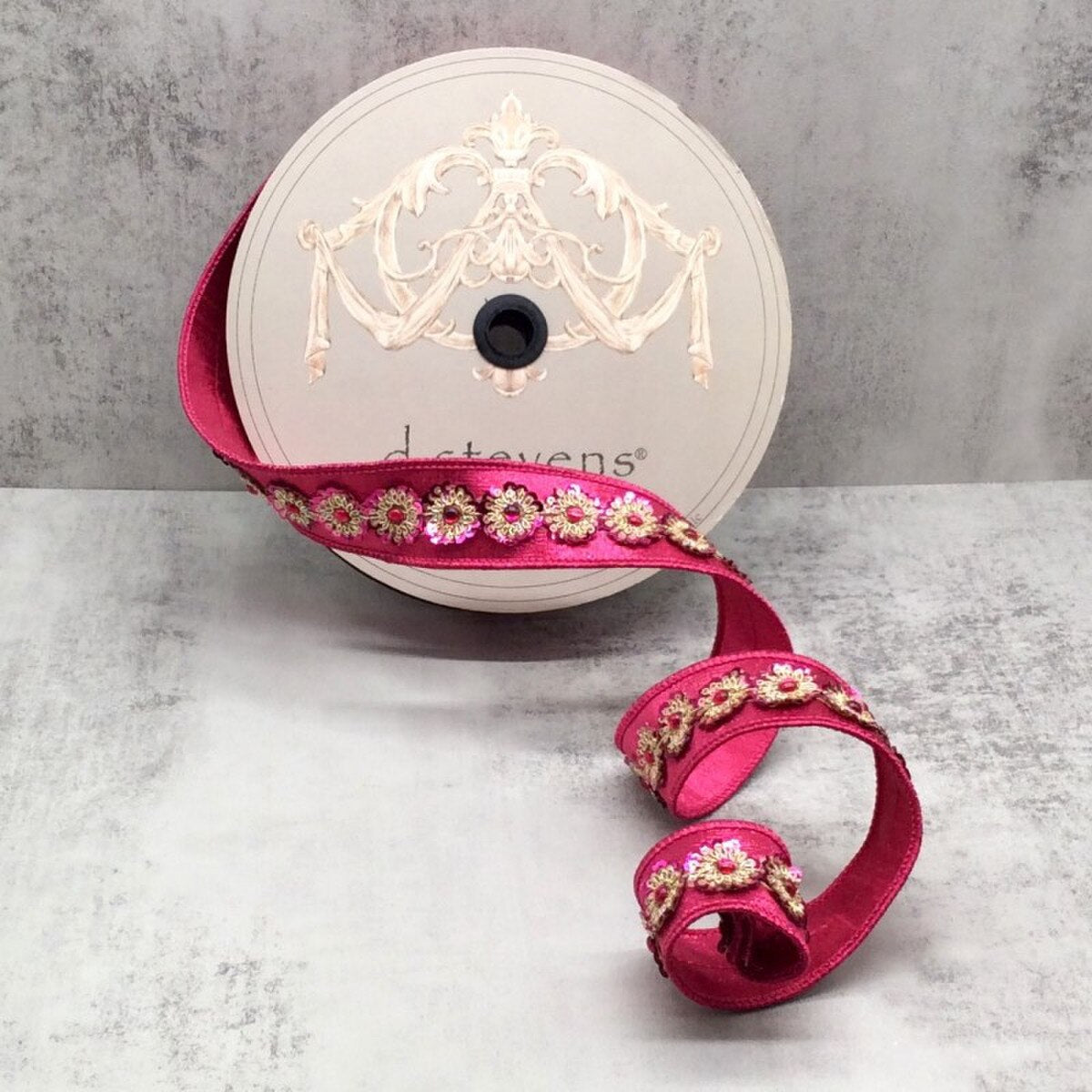 Hot Pink Ribbon with Metallic Dupion Gold Sequin Trim 1.5" x 10 Yds