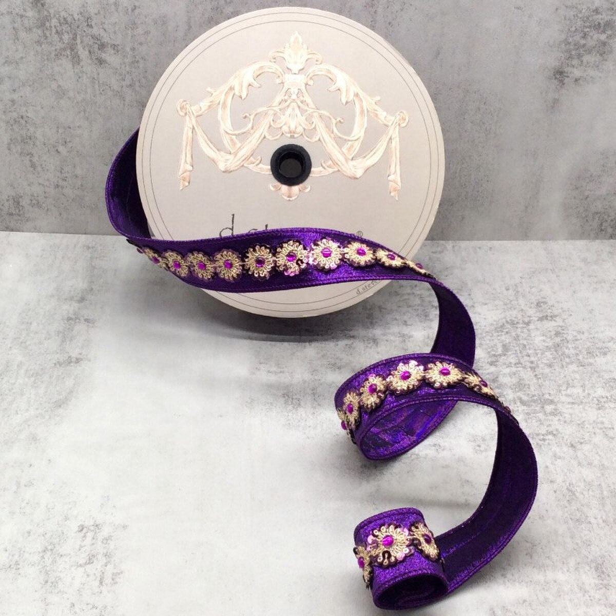 Sequin Trim Purple Ribbon 1.5 Inch Metallic Dupion Gold