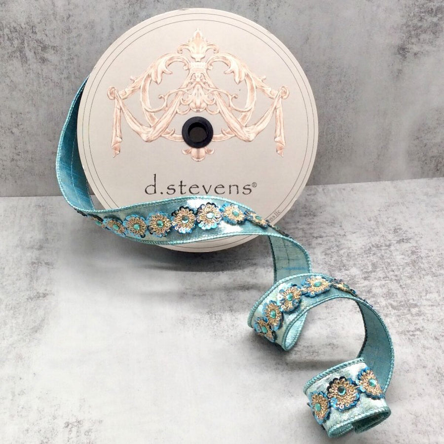 Celadon Sequin Trim Metallic Dupion Gold Ribbon 1.5" x 10 Yds