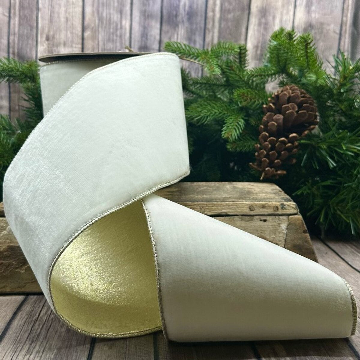 Winter White Velvet Ribbon 6 Inch x 10 Yards with Gold Metallic Back