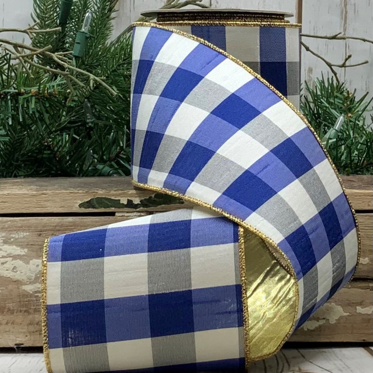 Dupion Check Ribbon Blue White Metallic Gold 4 Inch x 10 Yds