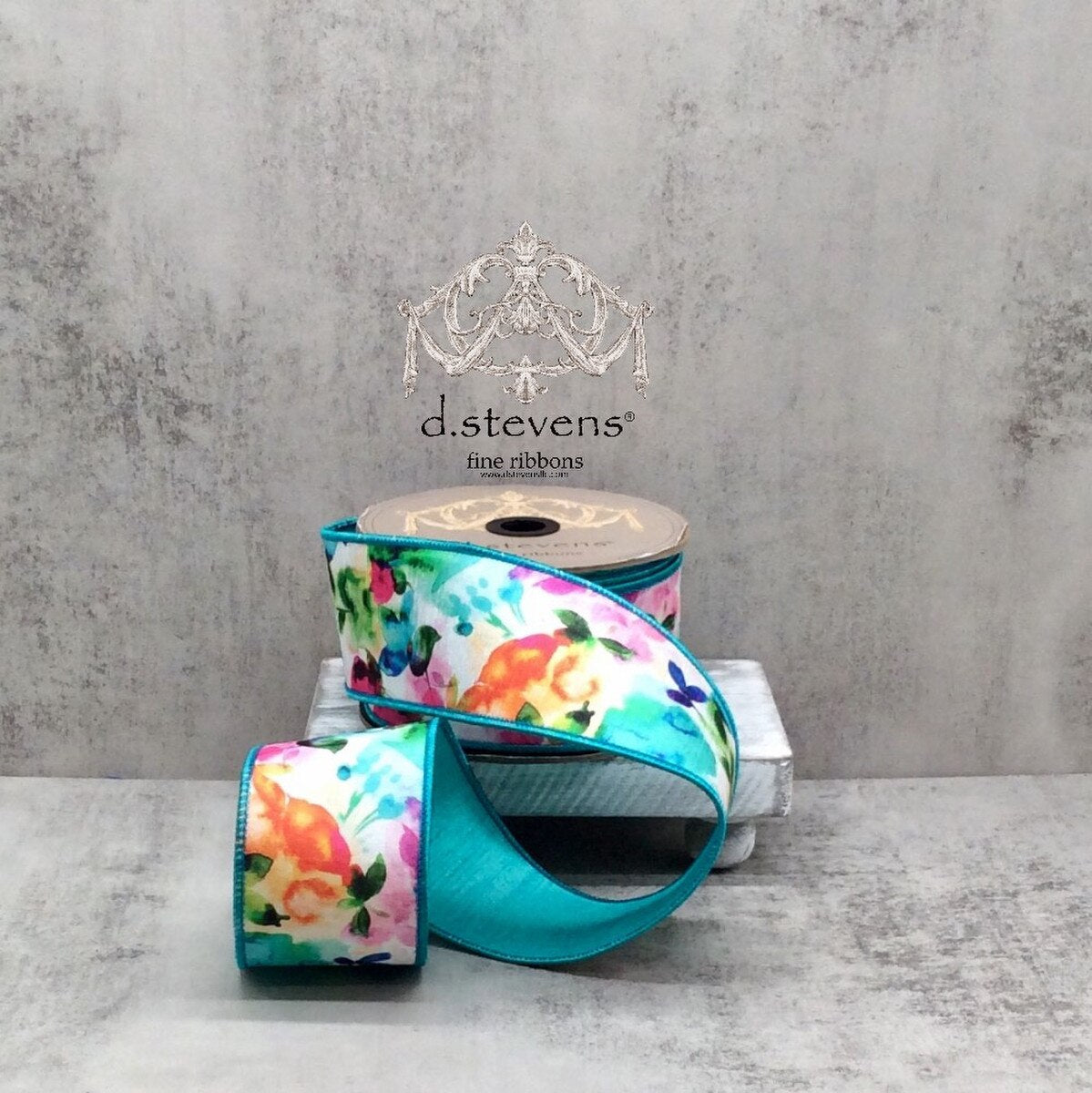 Dupion Ribbon Teal Pink Green Botanical Leaves 2.5" x 10 Yds