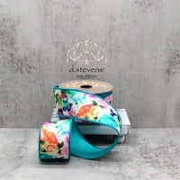 Dupion Ribbon Teal Pink Green Botanical Leaves 2.5