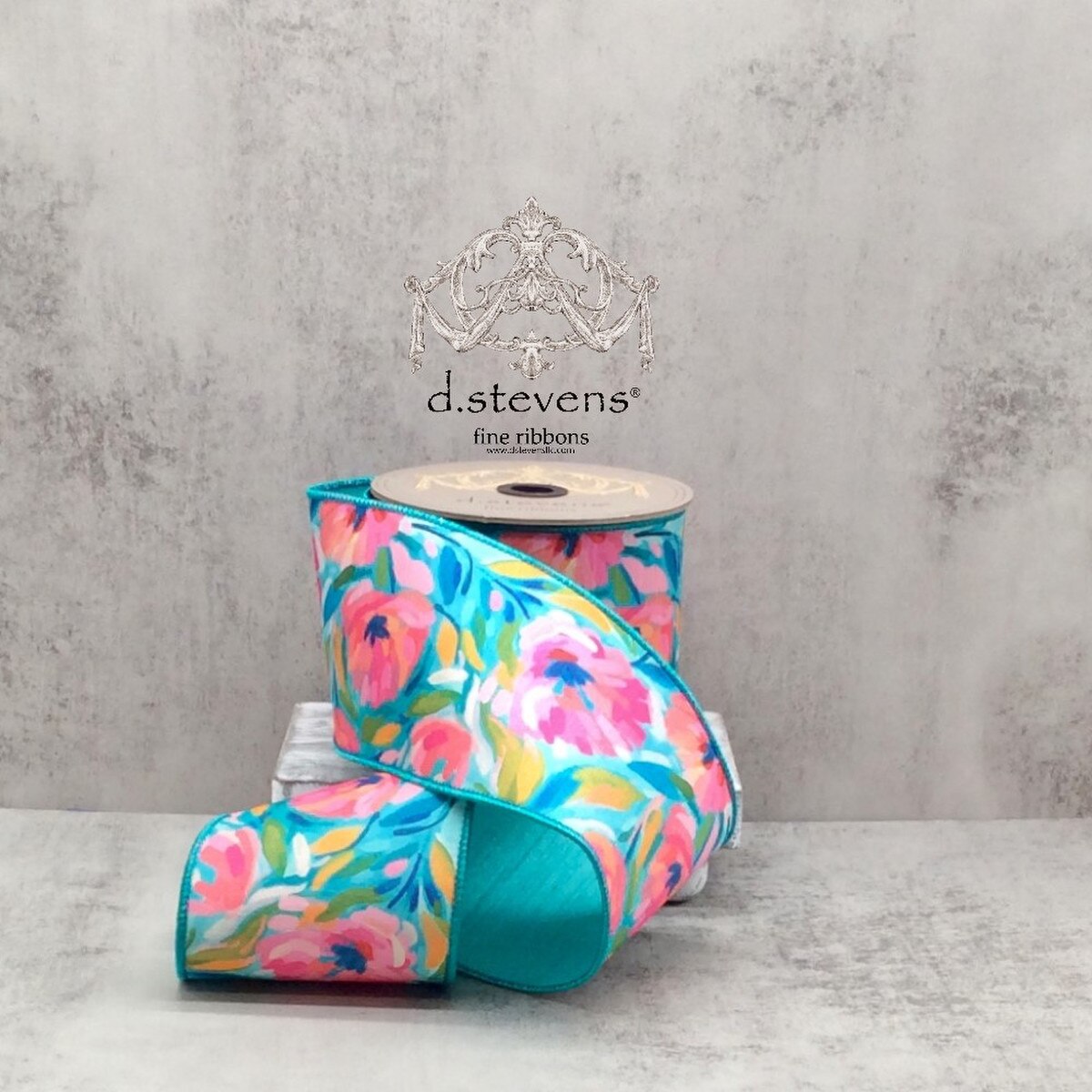 Dupion Ribbon with Hand Drawn Abstract Flowers Pink Teal Golden Yellow 4" x 10 Yds