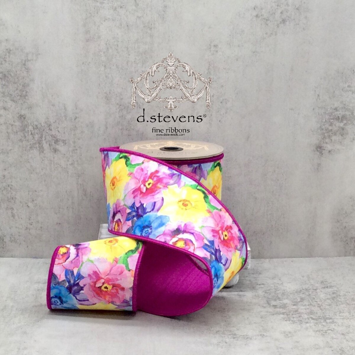Floral Dupion Ribbon Blue Yellow Fuchsia 4" x 10 Yds