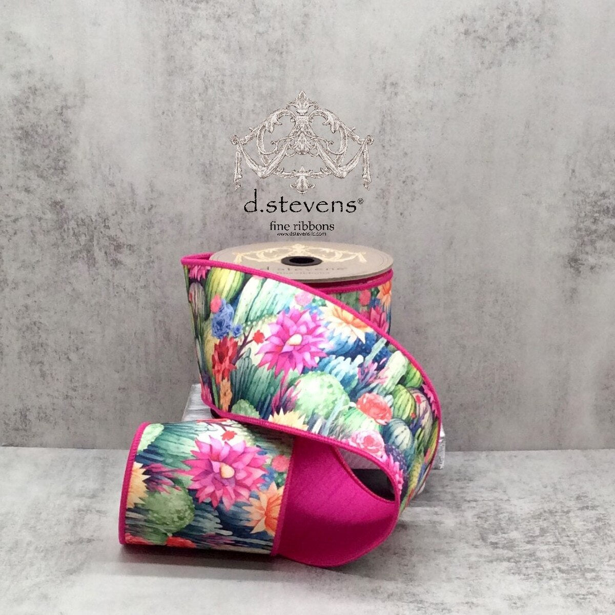 Fuchsia Green Dupion Watercolor Succulents And Cacti Ribbon