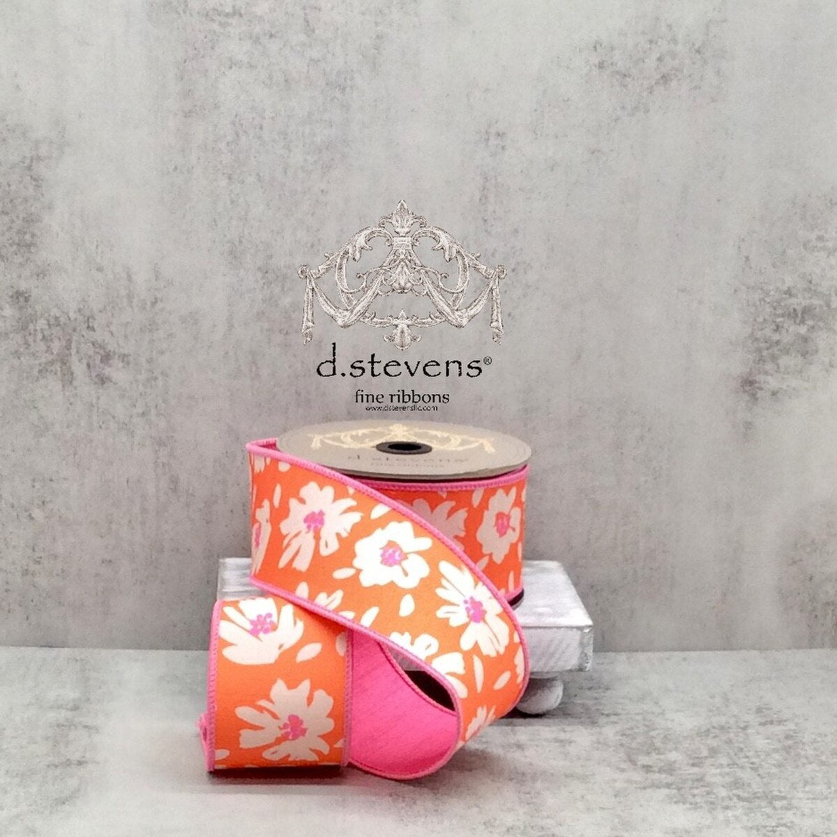 Abstract Daisies Ribbon in Orange and Hot Pink, 2.5" x 10 Yds