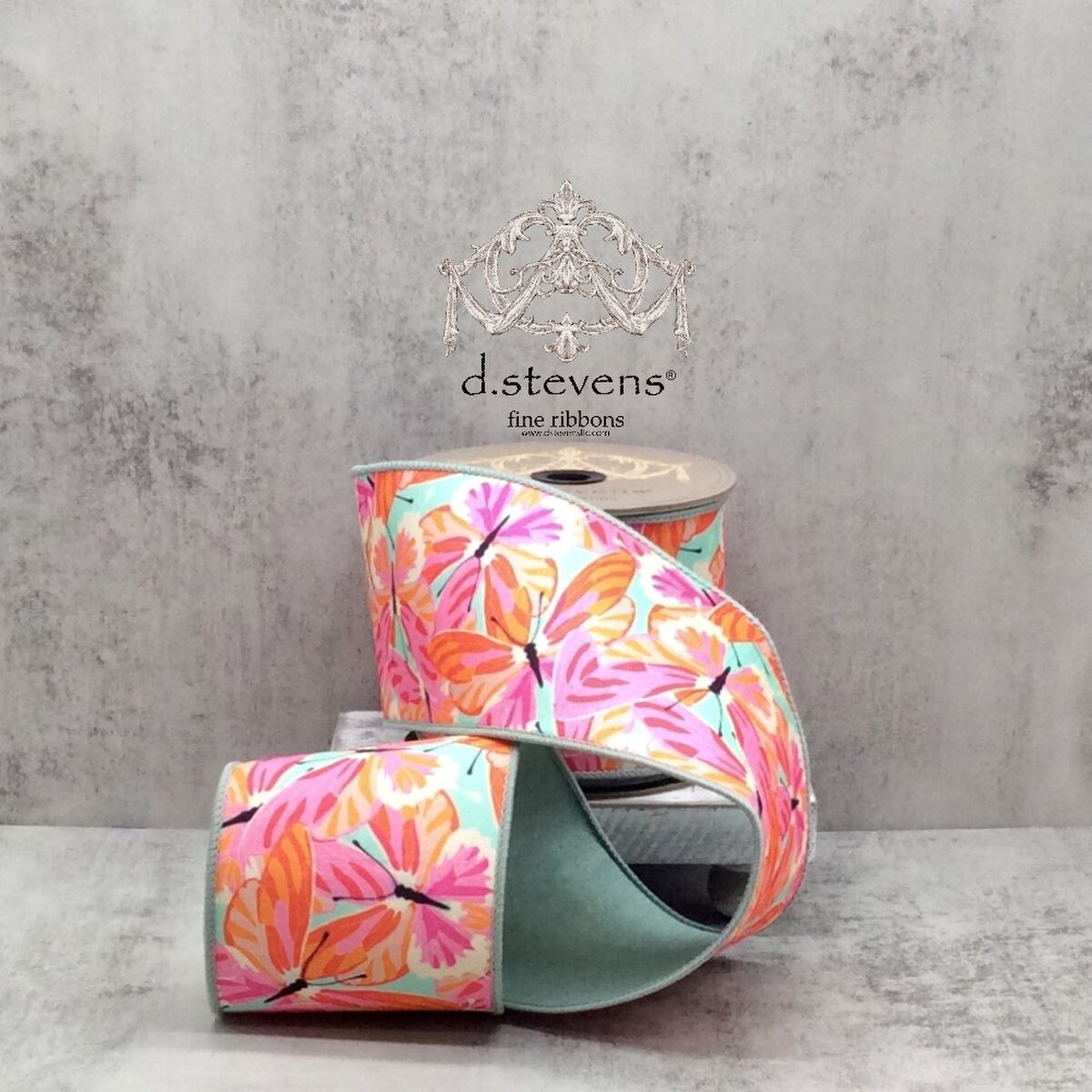 Celadon Ribbon with Orange Hot Pink Butterflies 4" x 10 Yds