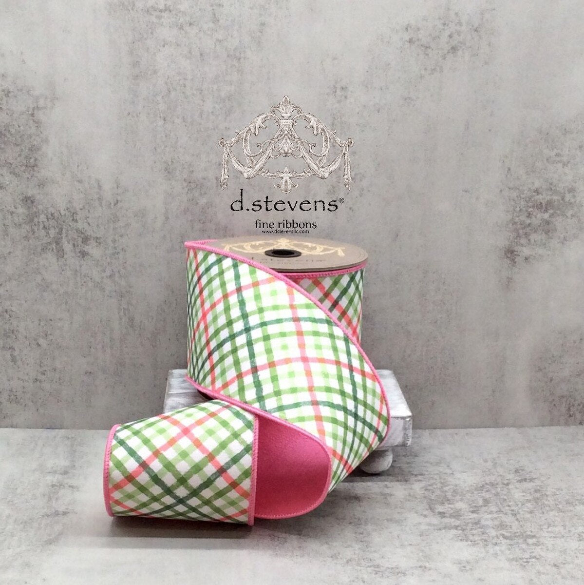 Dupion Ribbon Pink Green White Diagonal Check 4" x 10 Yds