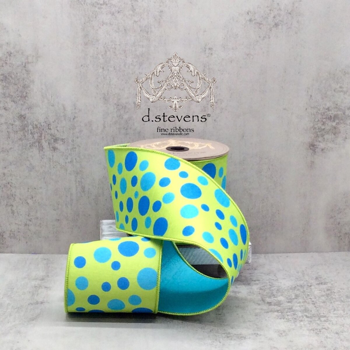 Dupion Blue Teal Ribbon with Lime Green Polka Dots 4" x 10 Yds