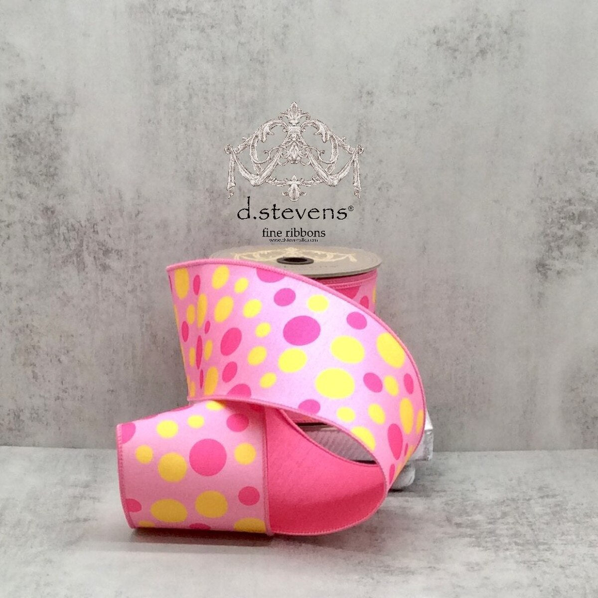 Dupion Pink Ribbon with Yellow Polka Dots 4" x 10 Yds