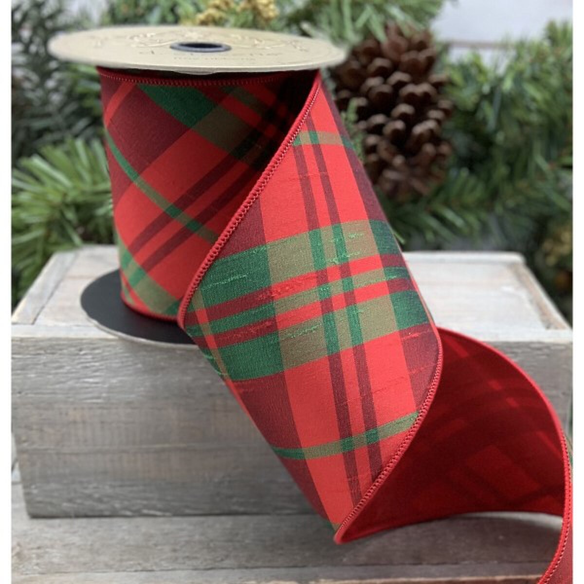 Faux Dupion Green Red Plaid Ribbon 4 Inch x 10 Yards