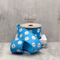 Blue Ocean Dupion Embroidery Ribbon with White Daisies 2.5