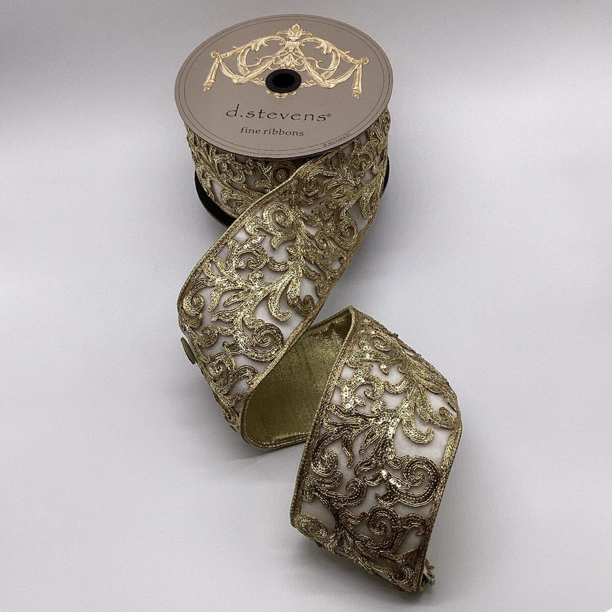 Winter White Velvet Gold Sequin Acanthus Trim Ribbon