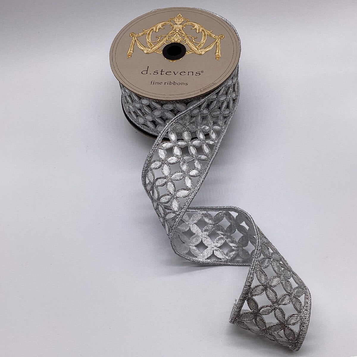 Metallic Silver Floral Ribbon 2.5 Inch x 10 Yards