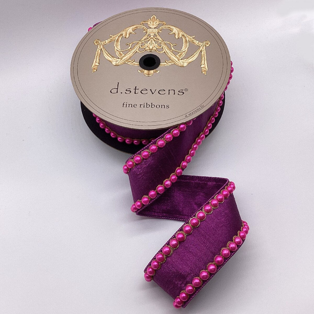 Purple Metallic Dupion Ribbon with Pearl Trim 2.5" x 5 Yds
