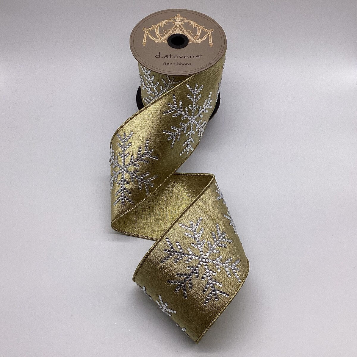 Clear Crystal Snowflake Gold Ribbon Metallic Dupion 4" x 5 Yds