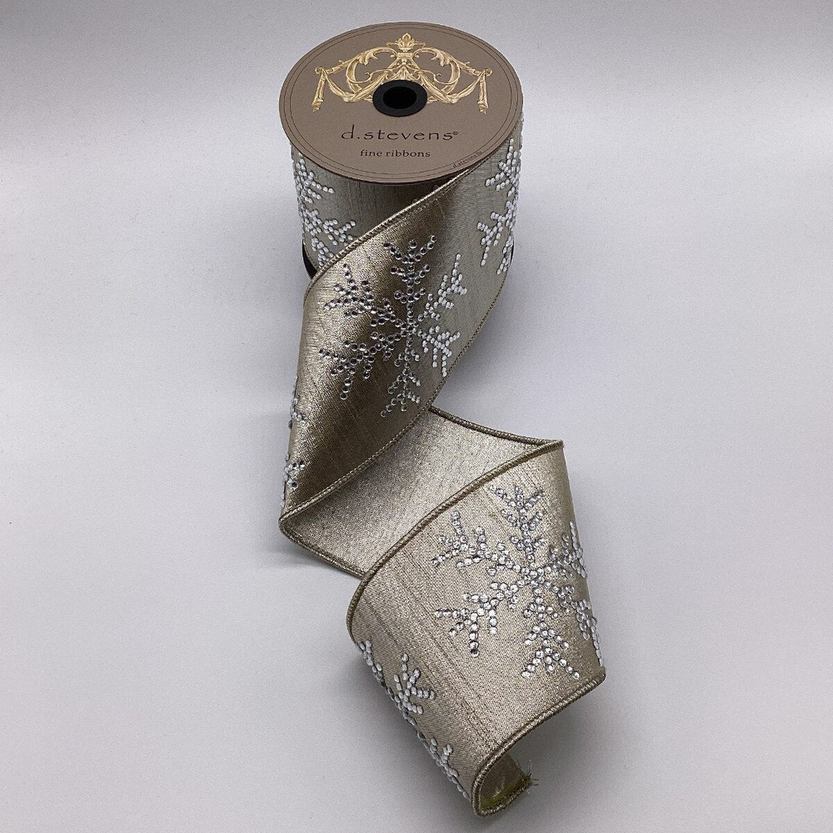 Platinum Ribbon Metallic Dupion Clear Crystal Snowflake 4" x 5 Yds