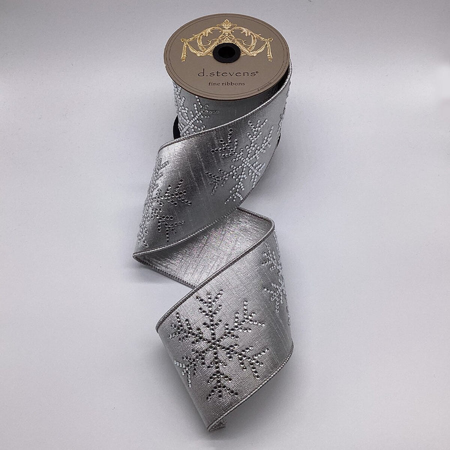 Clear Crystal Snowflake Silver Ribbon Metallic Dupion 4" X 5 Yds - (2) Rolls