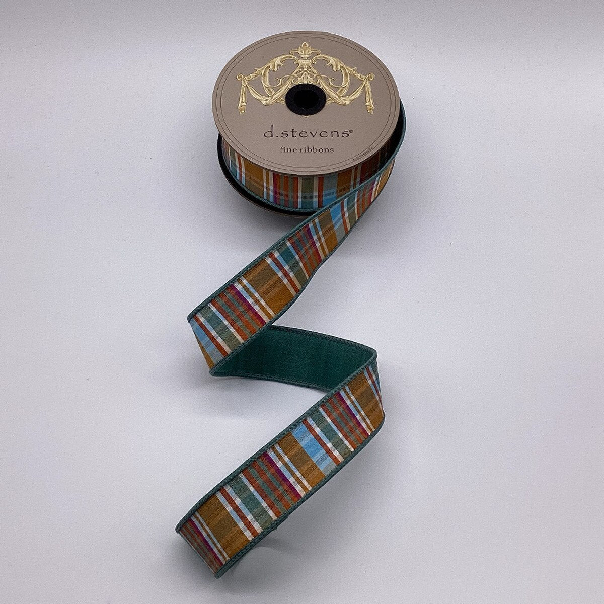 Plaid Dupion Ribbon Brown Celadon 1.5 Inch x 10 Yards