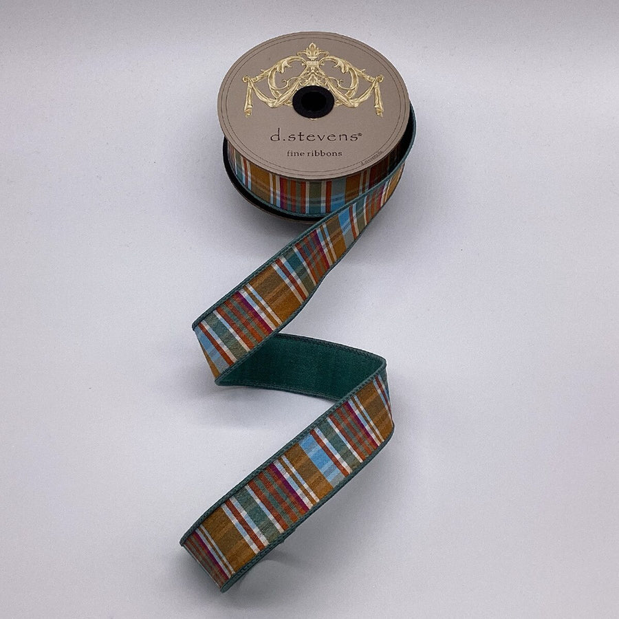 Plaid Dupion Ribbon Brown Celadon 1.5 Inch X 10 Yards