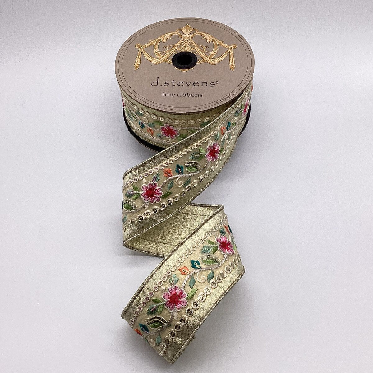Platinum Pink Metallic Dupion Ribbon with Floral Sequins 2.5" x 10 Yds