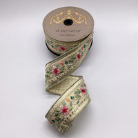Platinum Pink Metallic Dupion Ribbon with Floral Sequins 2.5