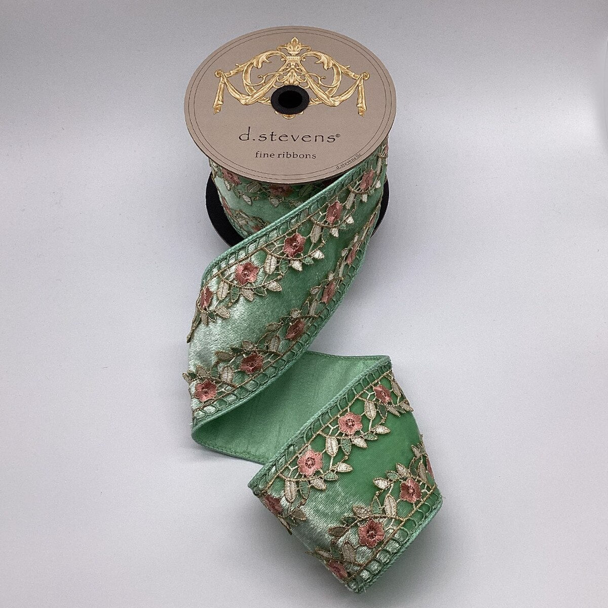 Floral Applique Ice Velvet Side Trim Mint Pink Ribbon