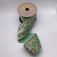 Floral Applique Ice Velvet Side Trim Mint Pink Ribbon
