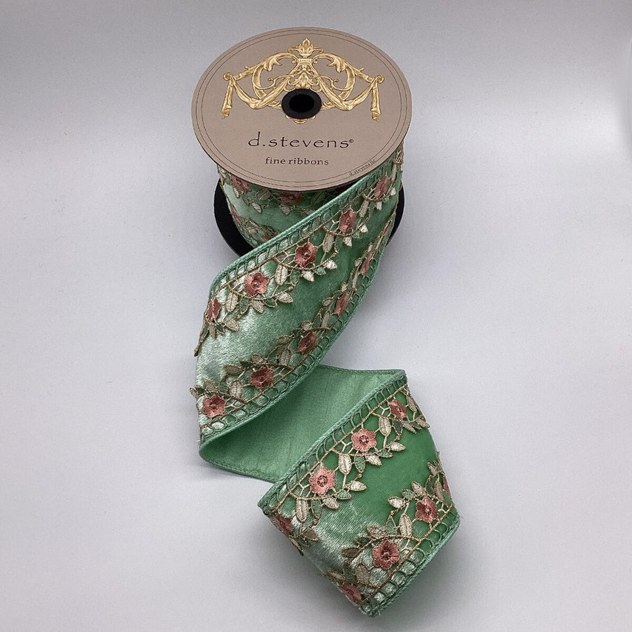 Floral Applique Ice Velvet Side Trim Mint Pink Ribbon